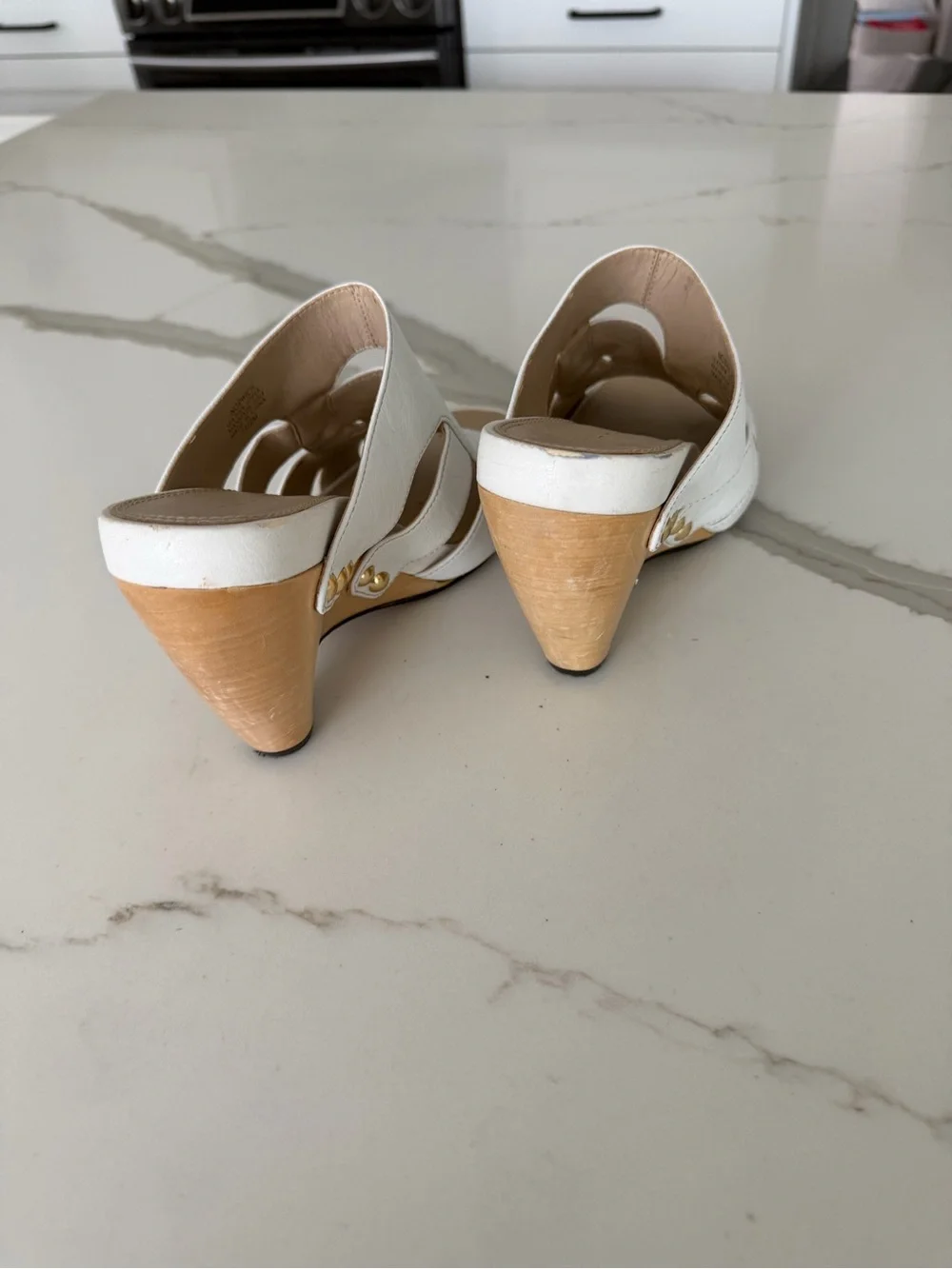 Elie Tahari White Leather Cutout Wedge Mules with Wood-Tone Heel